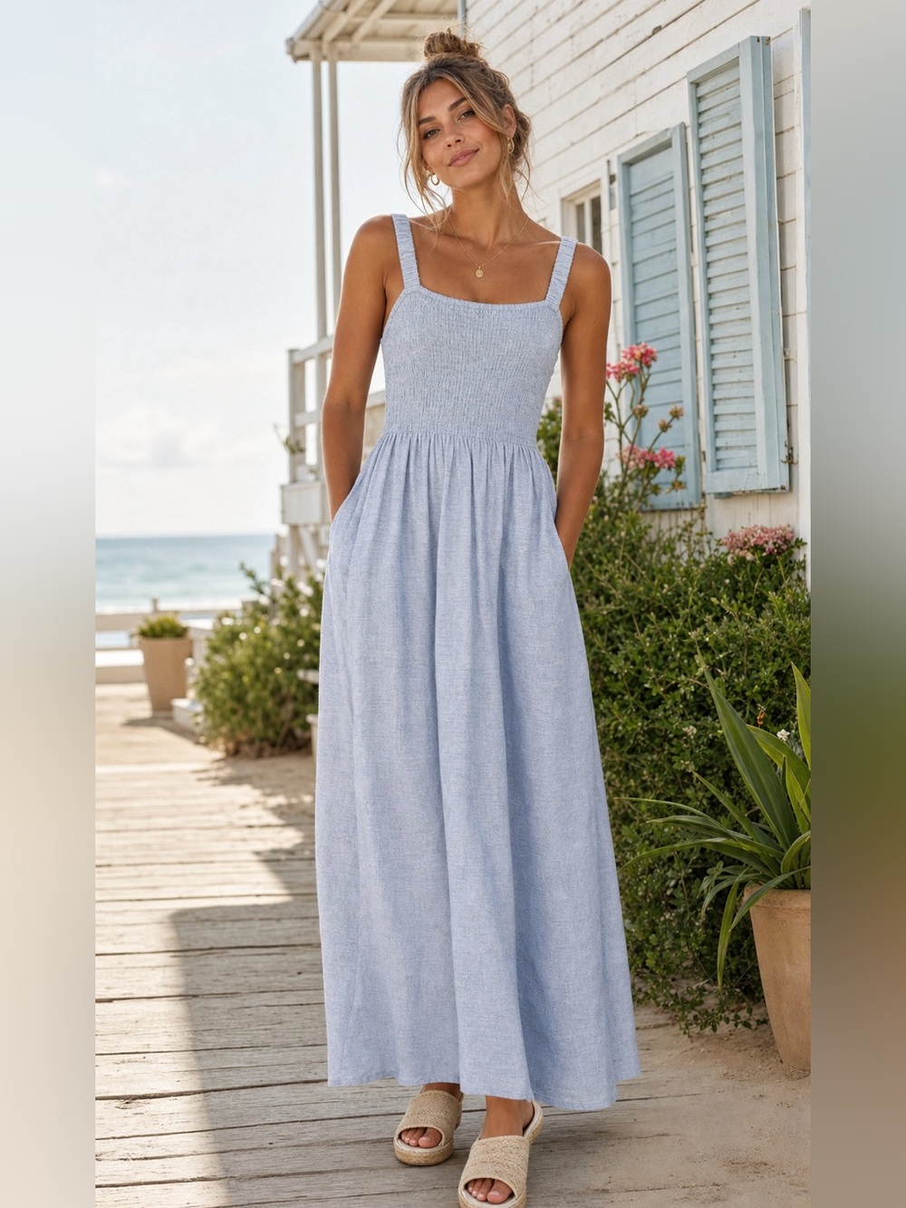J. Crew Factory Light Blue Smocked Midi Sundress